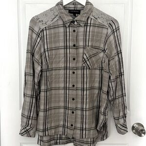 Lane Bryant Grey Plaid Button Down Shirt with Lace Detail
